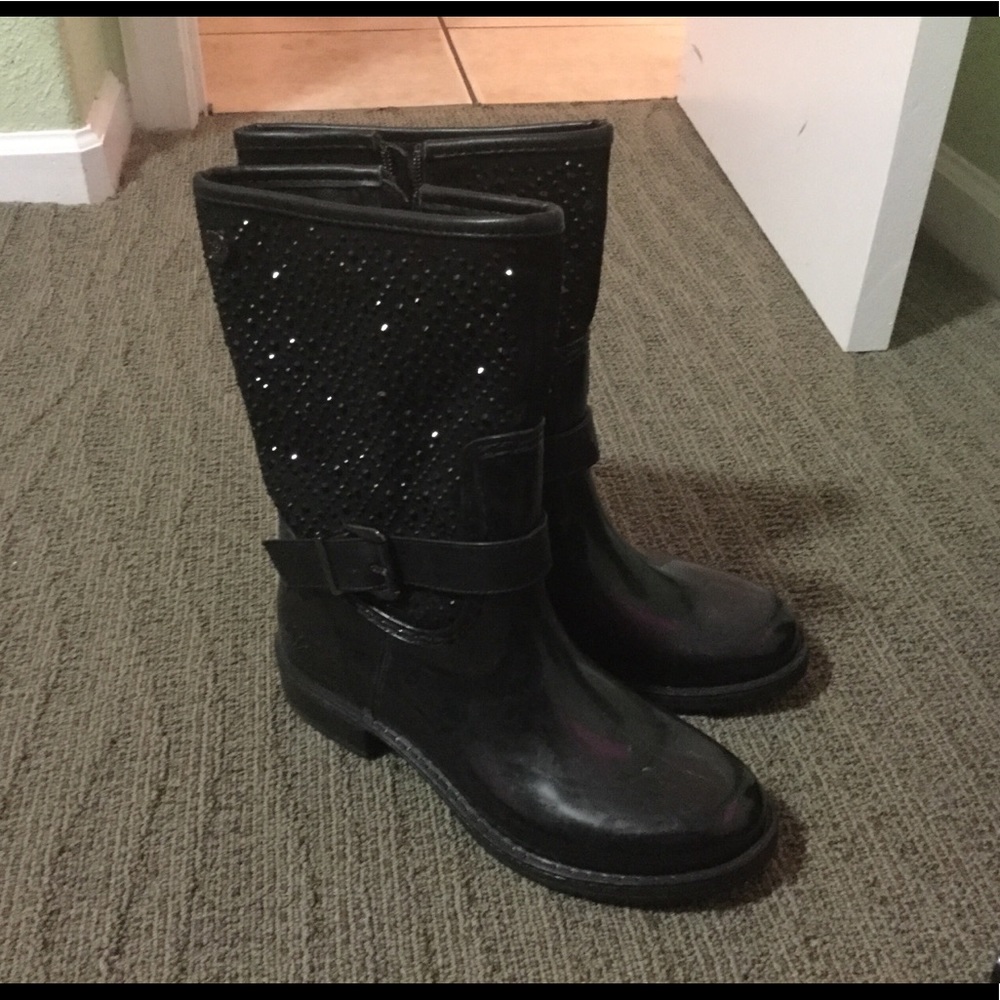 Sparkle Studded Rain Boots, Black, Size 38 (US 8)